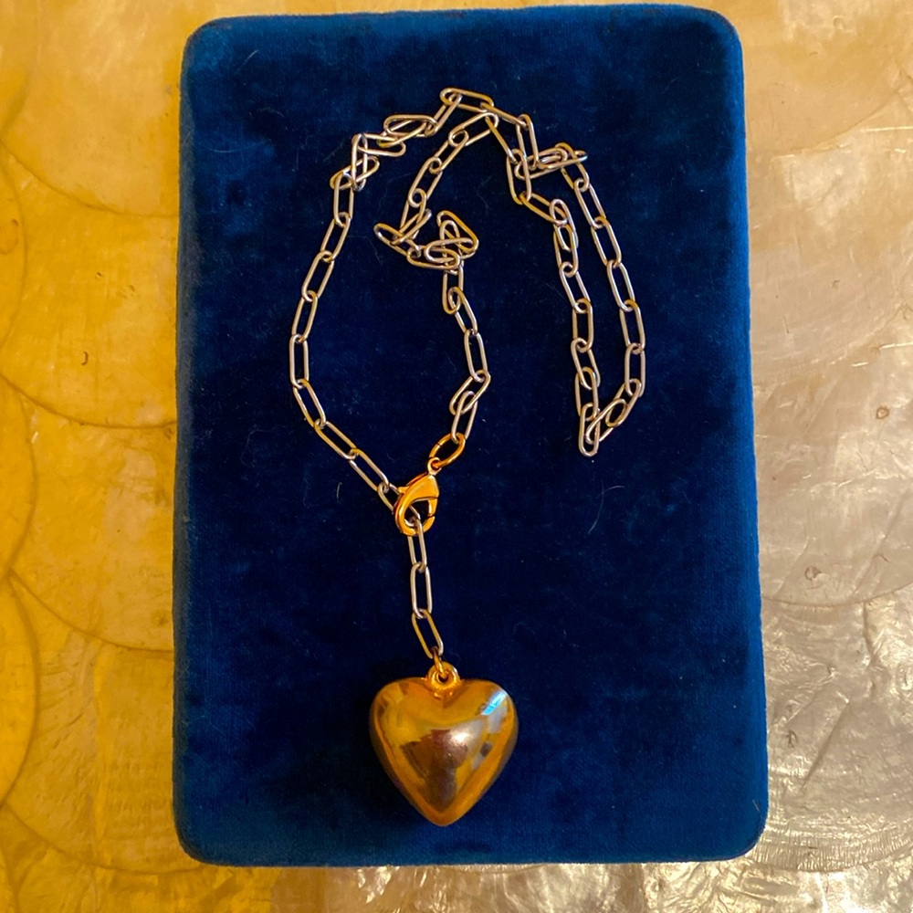 Vintage puffy heart on stainless steel paperclip chain